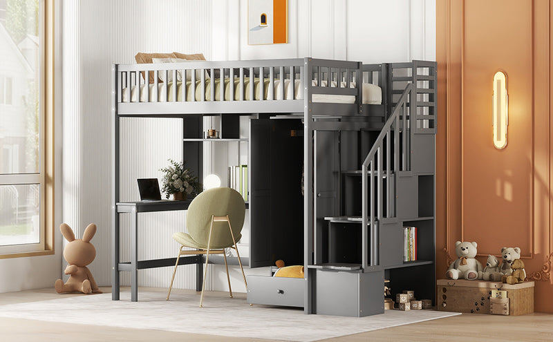 Twin size Loft Bed with Bookshelf,Drawers,Desk,and Wardrobe-Gray