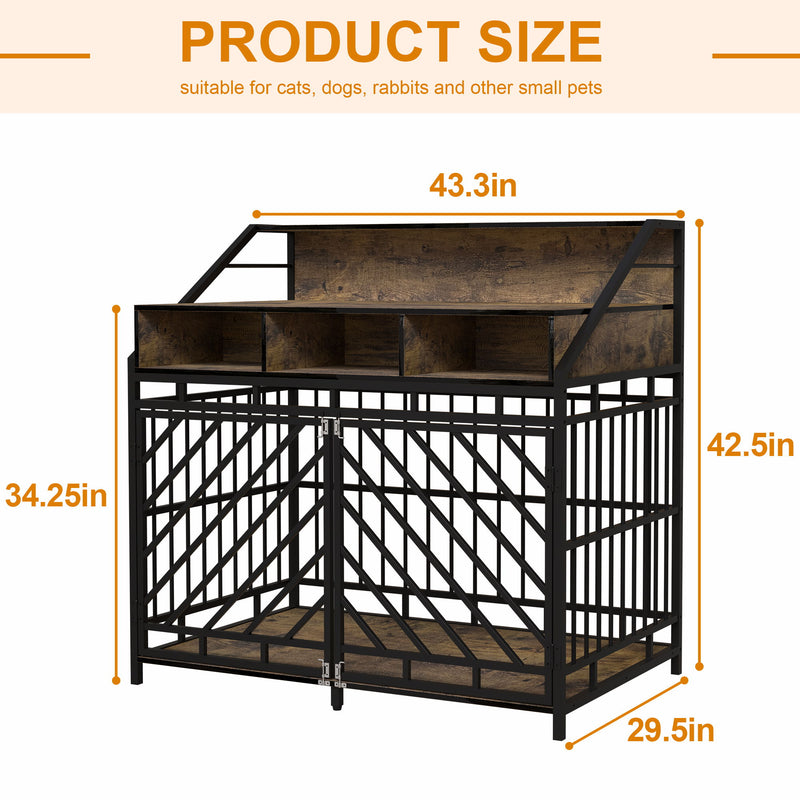 Wooden Dog Crate Furniture With Divider And Storage Drawers For Large Dogs - Rustic Brown