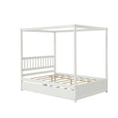 Full Size Canopy Bed with Twin Trundle, Kids Solid Wood Platform Bed Frame w/ Headboard, No Box Spring Needed White Color