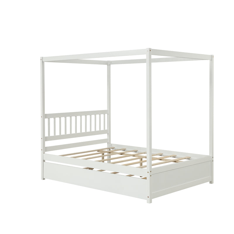 Full Size Canopy Bed with Twin Trundle, Kids Solid Wood Platform Bed Frame w/ Headboard, No Box Spring Needed White Color