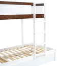 Twin-Over-Twin Bunk Bed with Twin size Trundle, Storage and Desk, White+Walnut