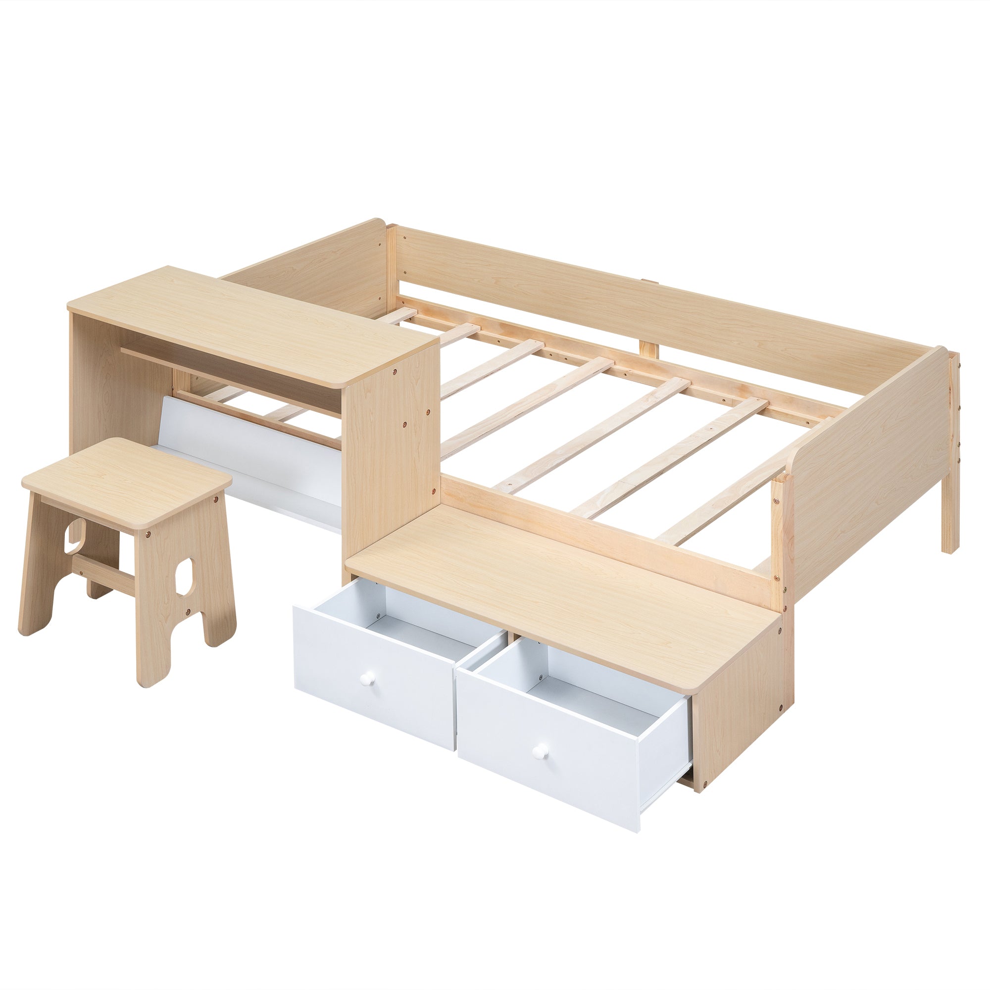 Wood Twin Size Platform Bed with 2 Drawers and 1 Chair&Desk Set, Natural+White - Atlantic Fine Furniture Melbourne FL