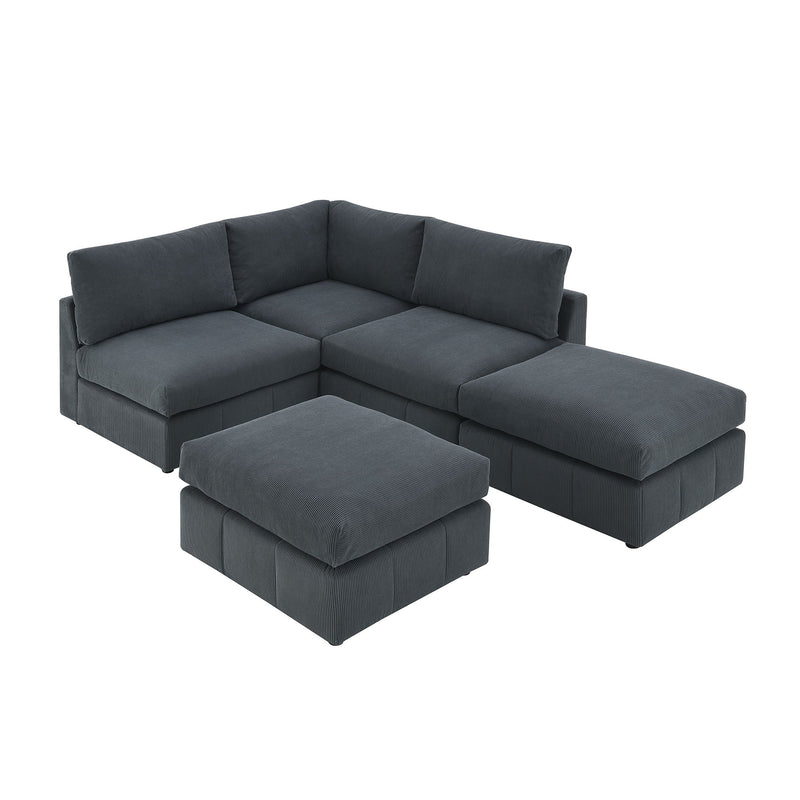 Modern Sectional Sofa With Vertical Stripes, 5 Seat Armless Couch Set With Convertible Ottomans, Various Combinations, L-Shape Indoor Furniture For Living Room