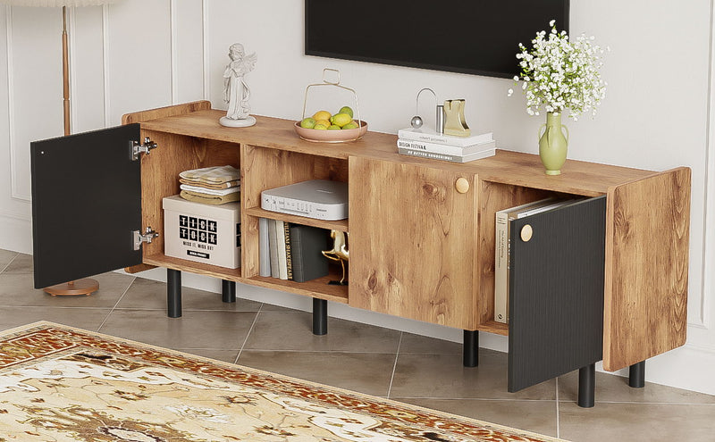 Mid Century TV Stand & 3 Cabinets, Media Console Table For Tvs Up To 70'', Entertainment Center With Storage For Living Room - Black / Brown