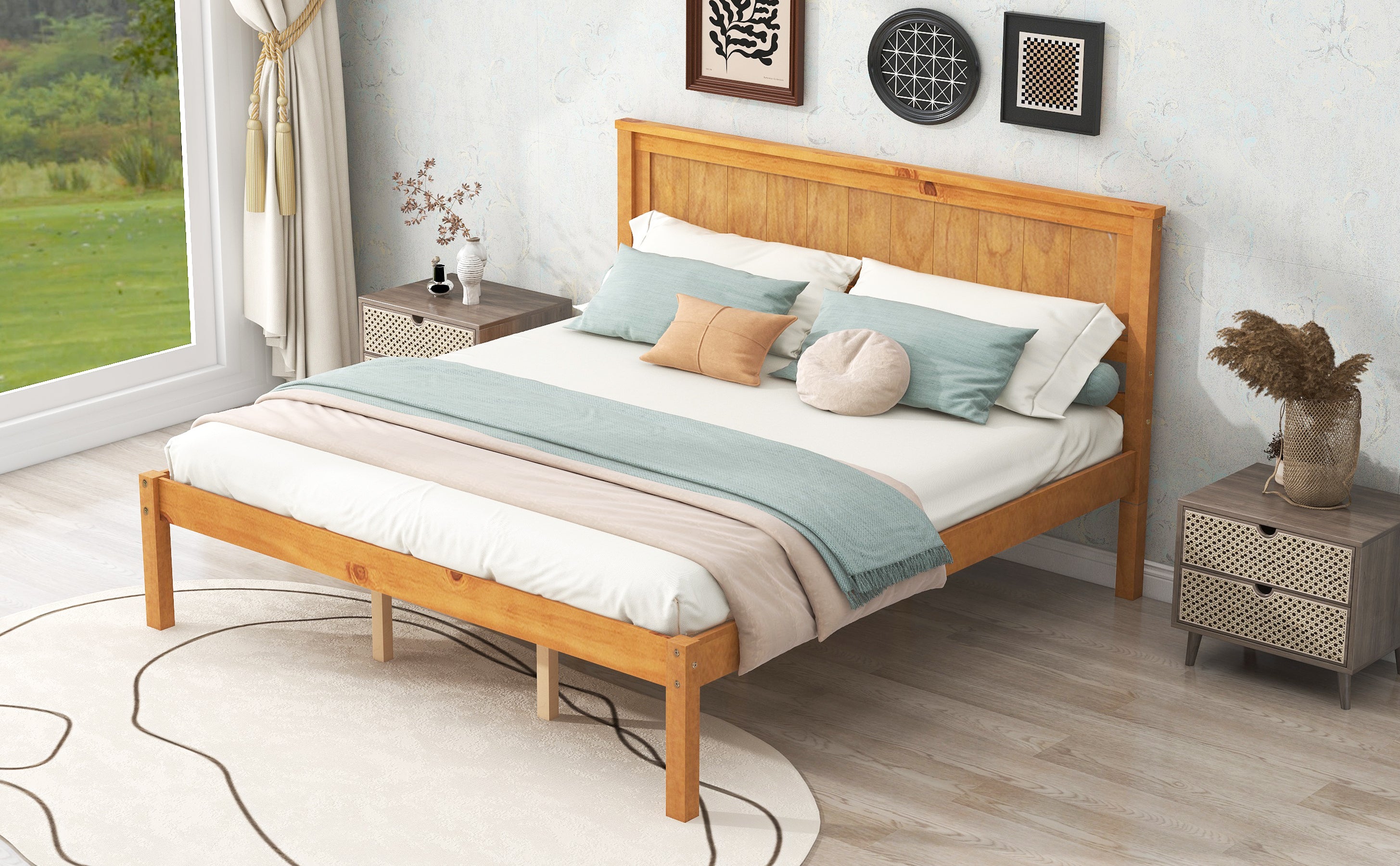 Platform Bed Frame with Headboard, Wood Slat Support, No Box Spring Needed, Queen, Oak - Atlantic Fine Furniture Melbourne FL