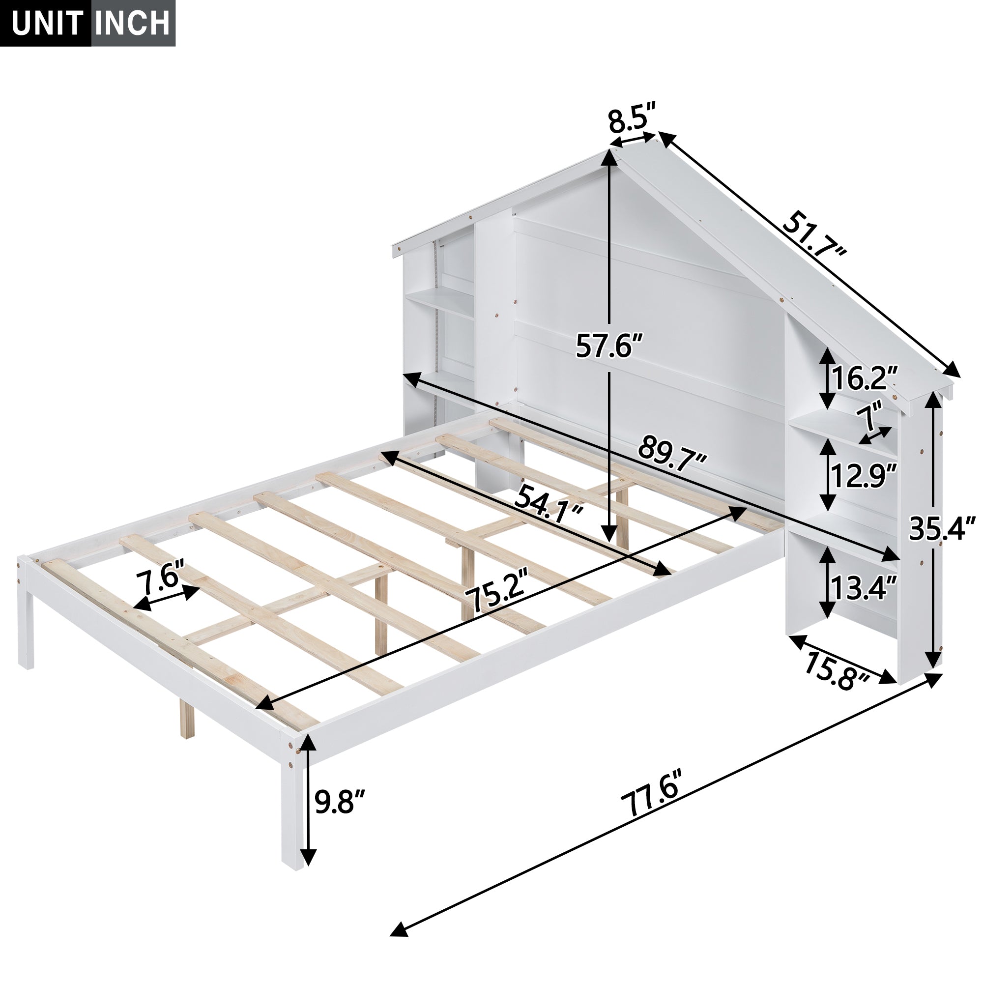 Wood Full Size Platform Bed with House-shaped Storage Headboard and Built-in LED, White - Atlantic Fine Furniture Melbourne FL