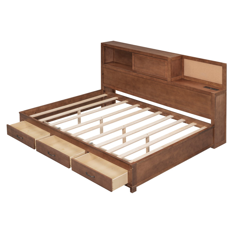 Full Size Wooden Daybed with 3 Storage Drawers, Upper Soft Board, shelf, and a set of Sockets and USB Ports, Brown