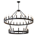 2 Tiers Wagon Wheel Chandelier Wooden Farmhouse 36 Light (24 / 12) Or (12 / 24) Metal Chandeliers 2 Story Light Fixtures Industrial For High Ceiling Living Dining Room Foyer, Adjustable Height - Black