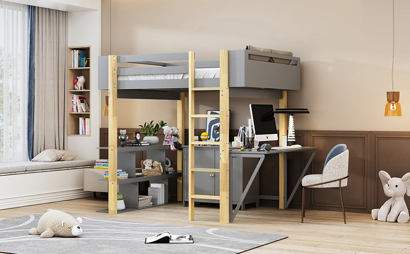 Twin Size Wood Loft Bed With Built-in Storage Cabinet and Cubes, Foldable desk, Gray