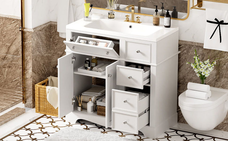 Bathroom Vanity With Resin Sink Combo, Frame Bathroom Storage Cabinet, Freestanding Vanity Set With 3 Drawers & Adjustable Shelf - White