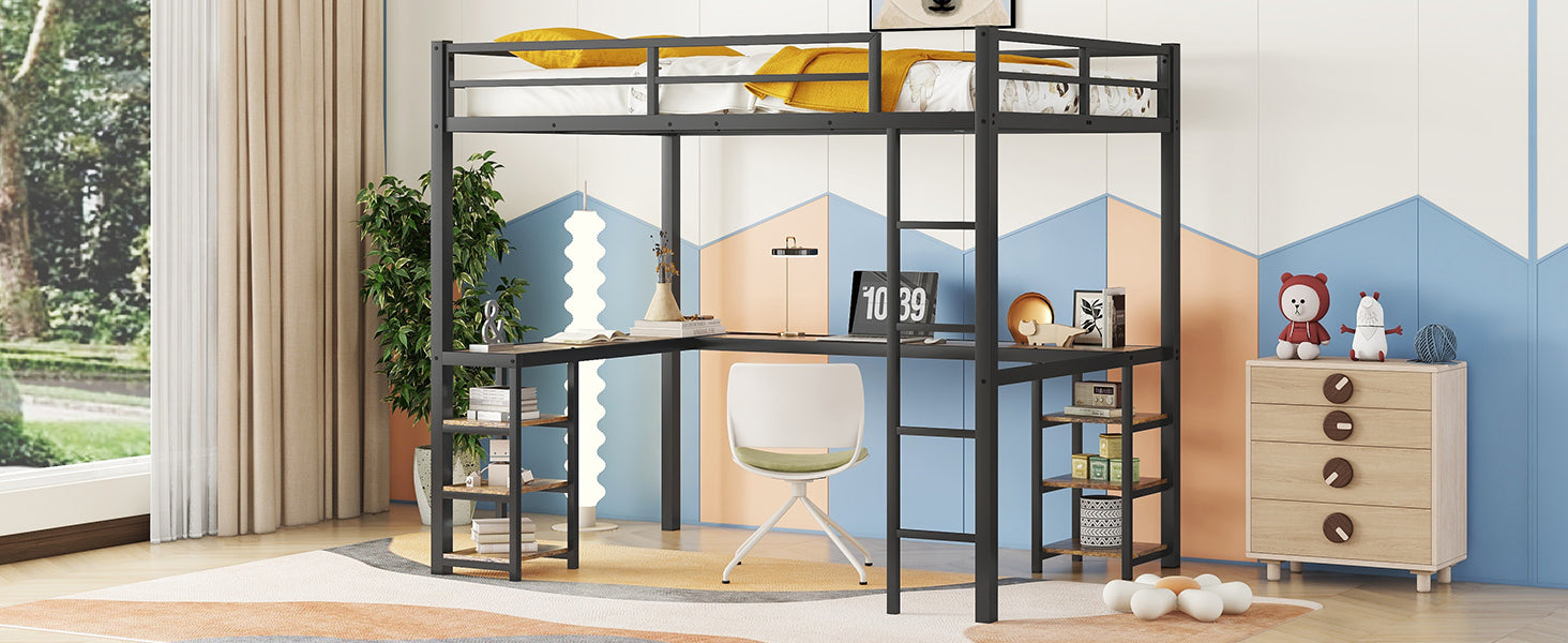 Full XL Metal Loft Bed with Desk and Shelves, Loft Bed with Ladder and Guardrails, Loft Bed Frame for Bedroom, Black