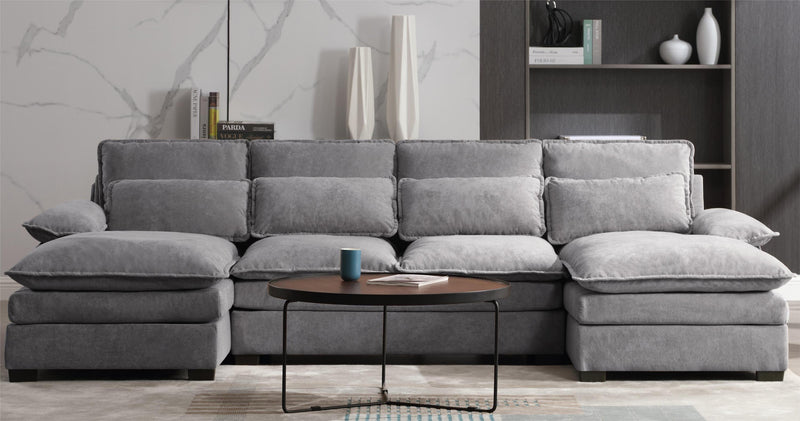 U Shaped Modular Sectional Sofa 6 Deap Seats Corne with waist poillow, Oversized Convertible Upholstery Symmetrical Sofá Cloud Couches with Double Chaise&Memory Foam for Living Room, Gray