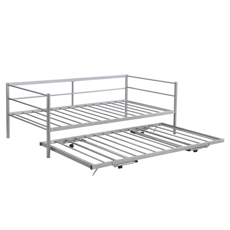 Twin Size Metal Daybed with Adjustable Trundle, Pop Up Trundle, Silver