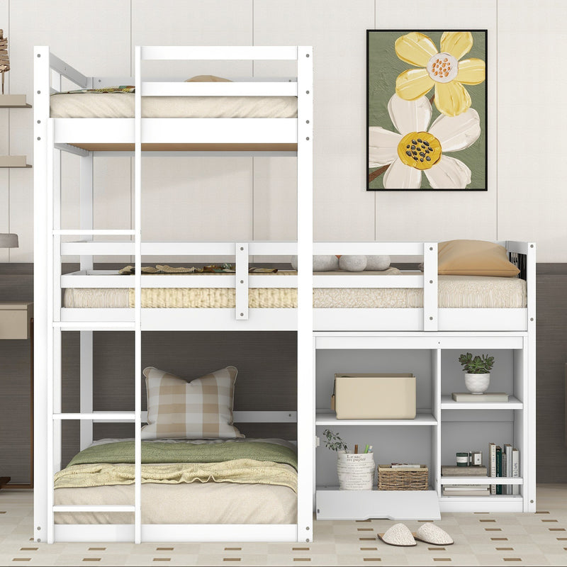 L-shaped Wood Triple Twin Size Bunk Bed with Storage Cabinet and Blackboard, Ladder, White