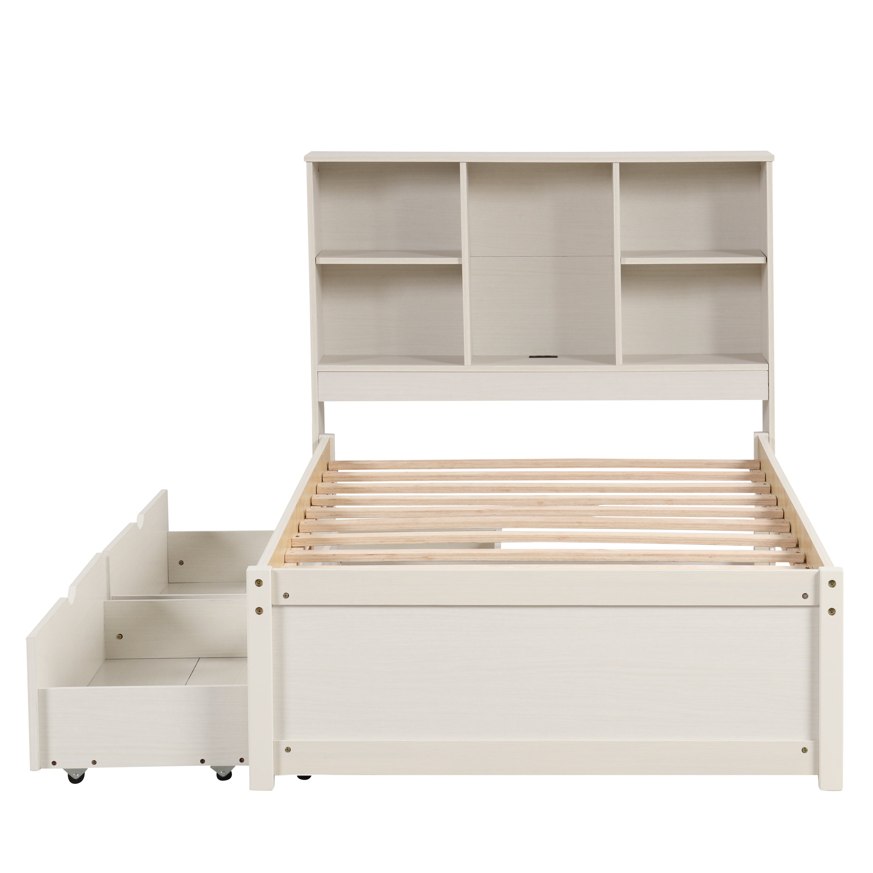 Modern Twin Size Bed Frame With Built-in USB Port on Bookcase Headboard and 2 Drawers for White Washed Color - Atlantic Fine Furniture Melbourne FL