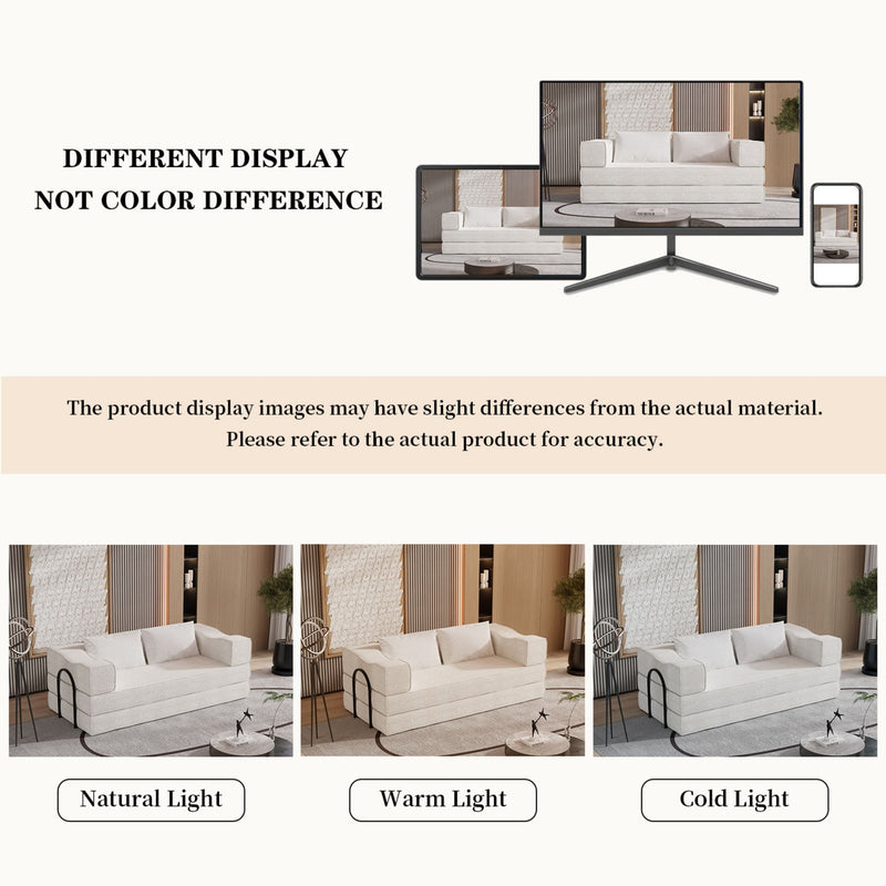 Convertible Couch Bed With 2 Pillows, 3 Seat Folding Floor Couch & King Size Bed Mattress, Diy Combination - Beige