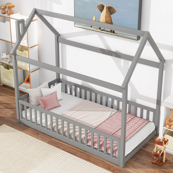 Twin House Bed with Guardrails, Slats ,Grey