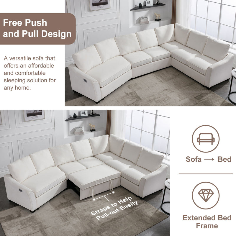 Sectional Sleeper Sofa With Pull-Out Bed Modern L-Shape Couch Bed With USB Charging Port For Living Room, Bedroom - Beige