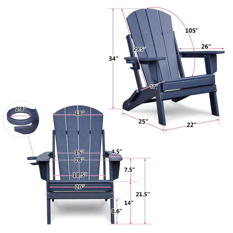 Folding Outdoor Adirondack Chair (Set of 2) And Table Set, Hdpe All-Weather Folding Fire Pit Chair, Ergonomic Design Patio Lawn Chair For Outside Deck Garden Backyardf Balcony - Navy Blue