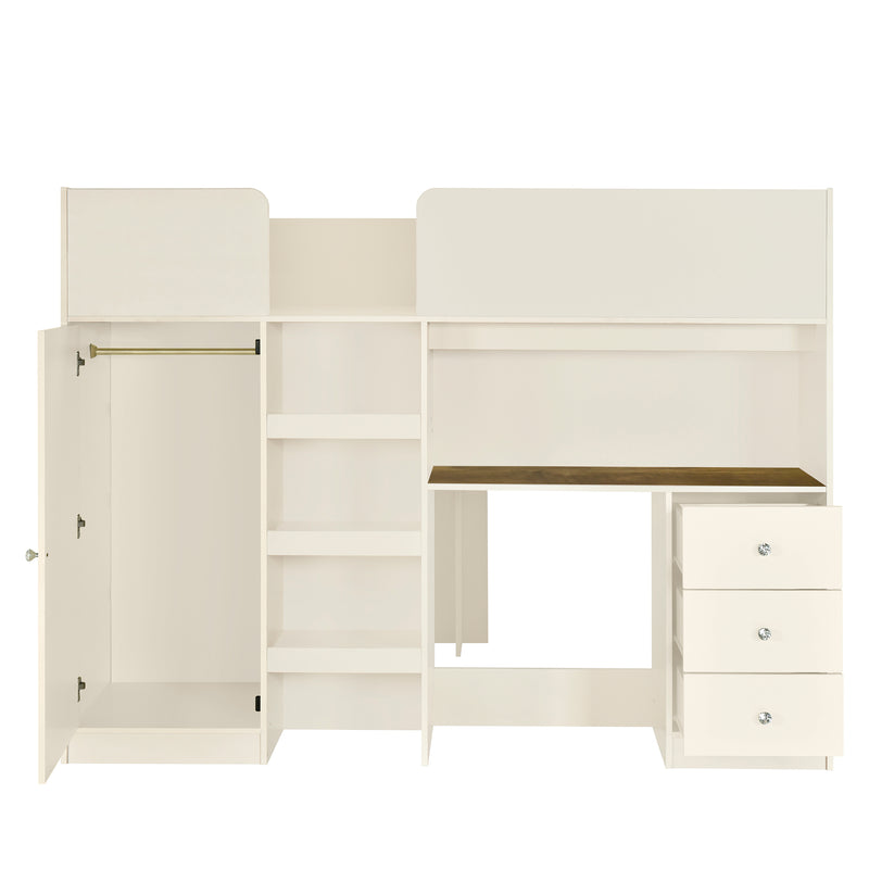 Wood Full Size Loft Bed with Built-in Wardrobe, Desk, Storage Shelves and Drawers, Beige