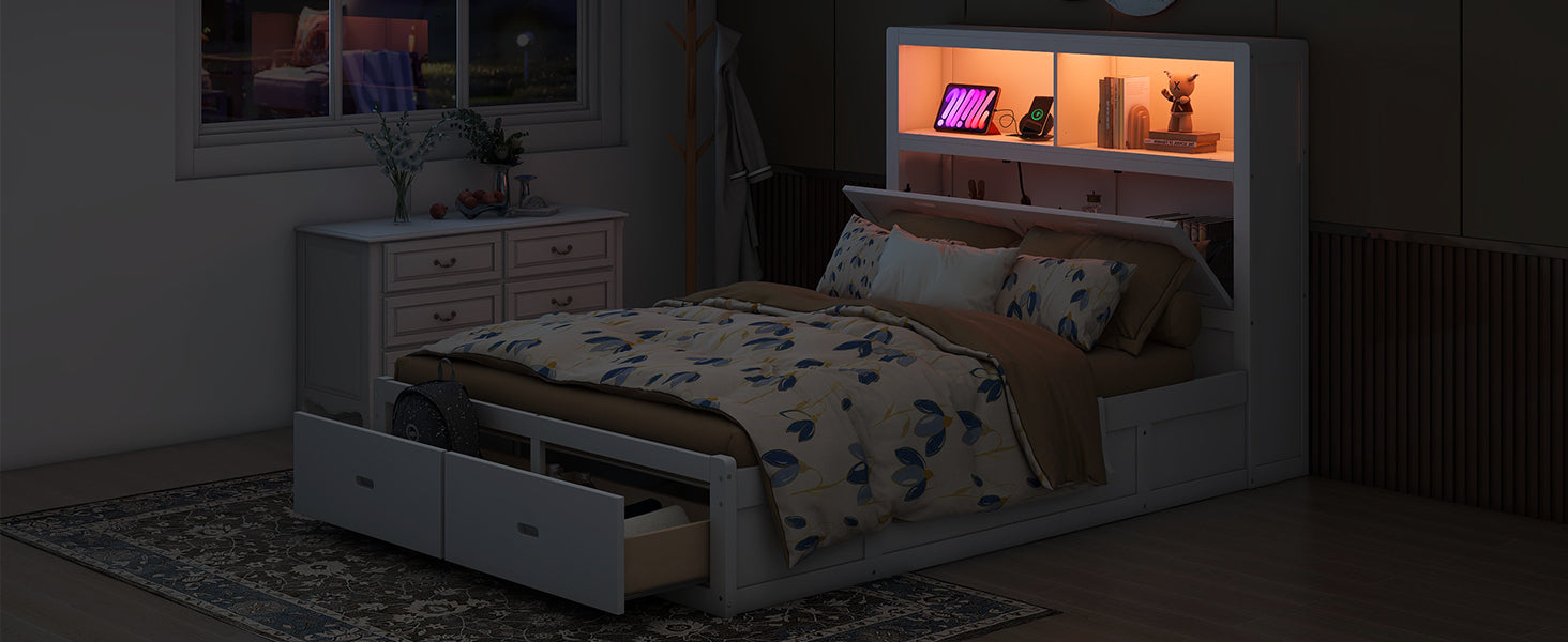 Wood Queen Size Hydraulic Platform Bed with Storage LED Headboard, Charging Station and 2 Drawers, White - Atlantic Fine Furniture Melbourne FL