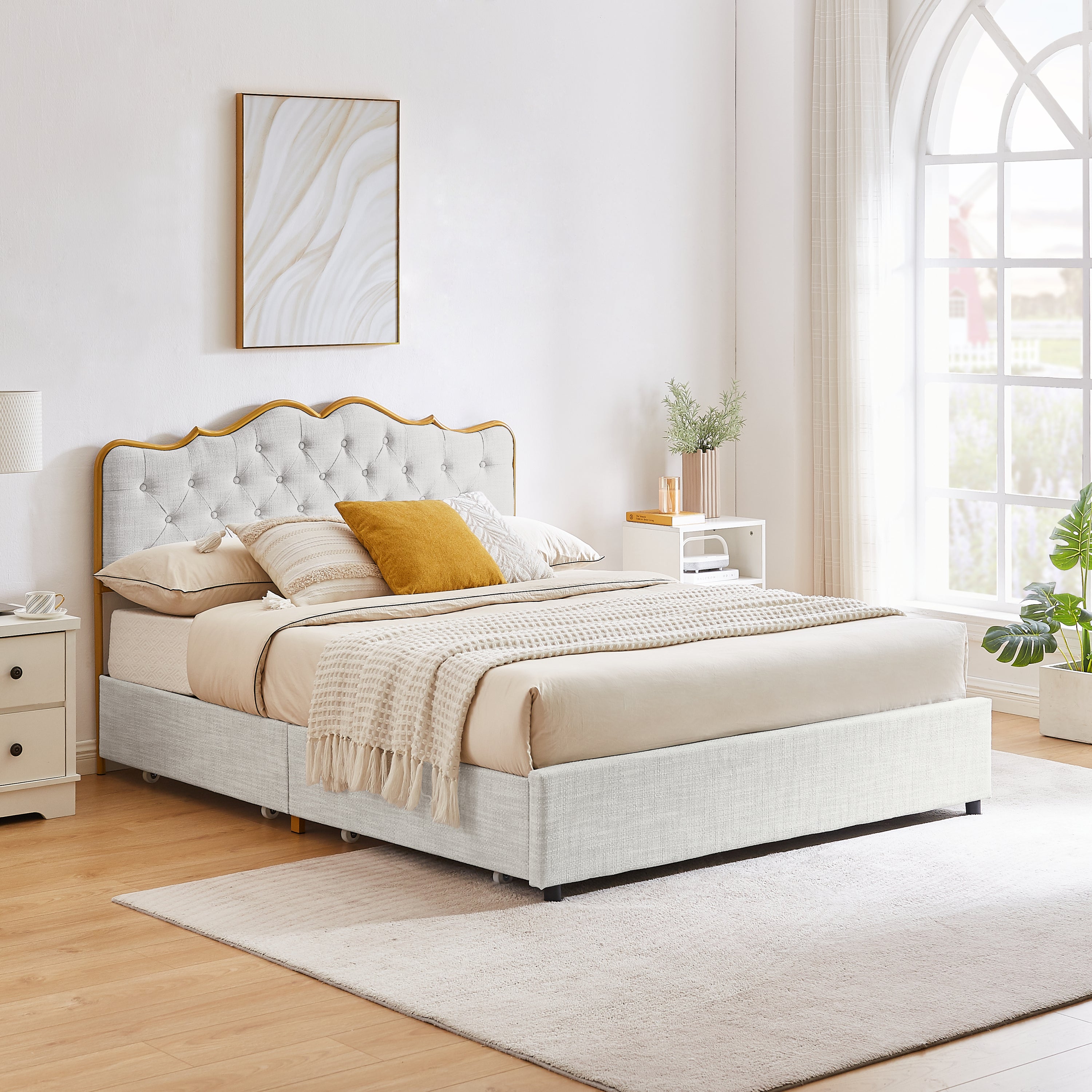 Classic steamed bread shaped backrest, metal frame, solid wood ribs, with four storage drawers, sponge soft bag, comfortable and elegant atmosphere, light gray, Full- size, F sleeping bed - Atlantic Fine Furniture Melbourne FL