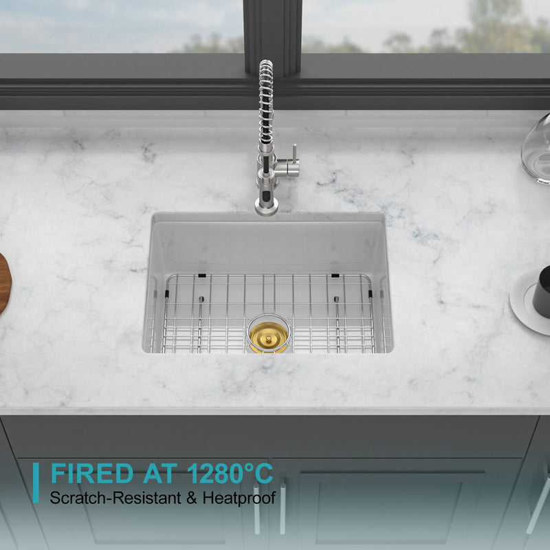 Rectangular Deep Single Bowl Kitchen Sink, Undermount Top Mount Porcela Stainless Steel Grid - White