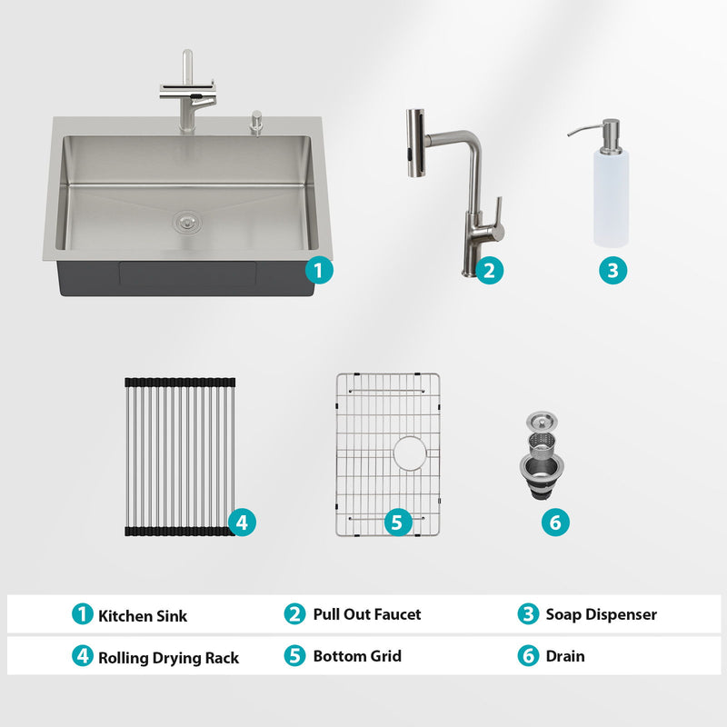 30" Single Bowl Drop In Kitchen Sink With Pull Out Faucet And Soap Dispenser - Brushed Nickel