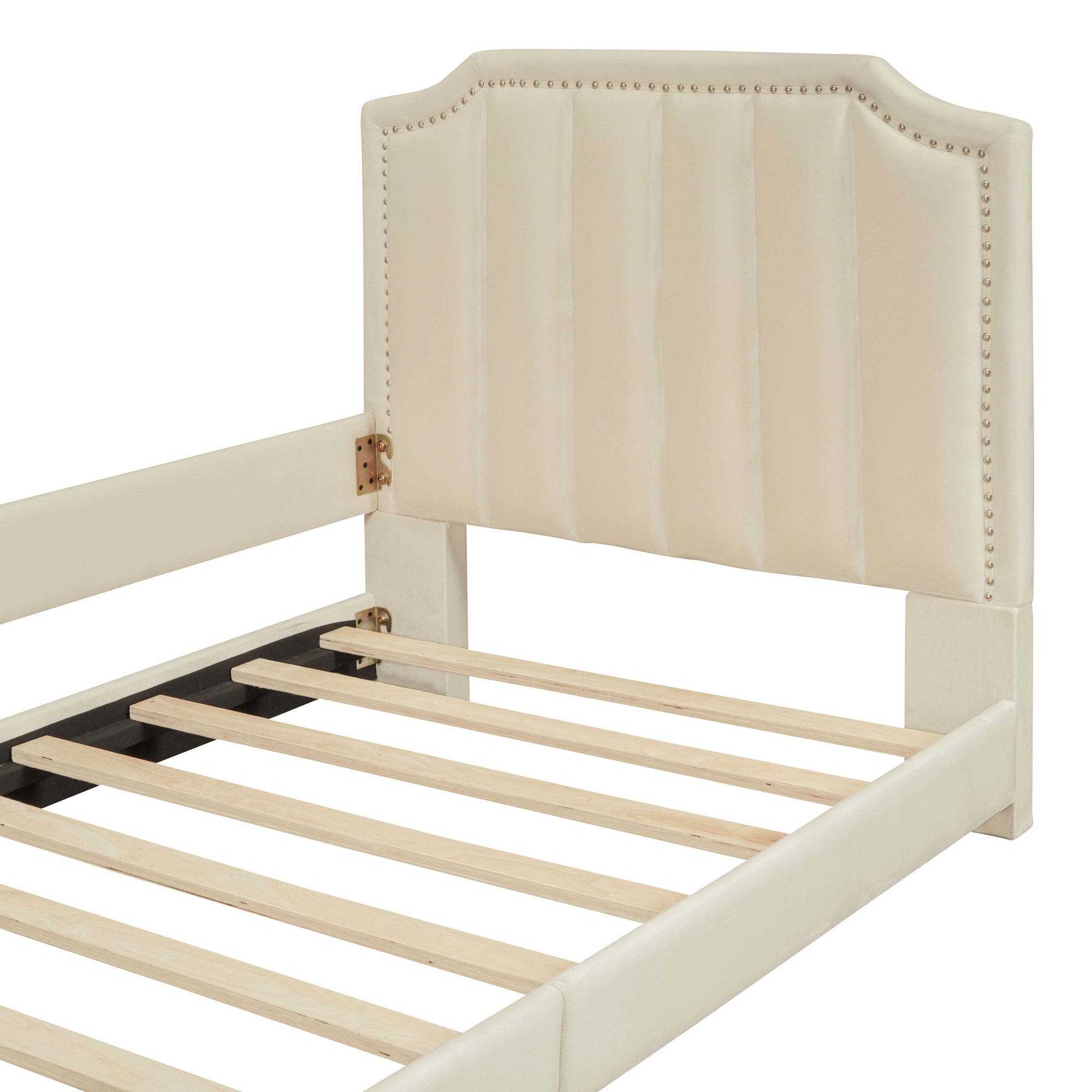 Twin Size Upholstered Daybed with Classic Stripe Shaped  Headboard, Beige - Atlantic Fine Furniture Melbourne FL