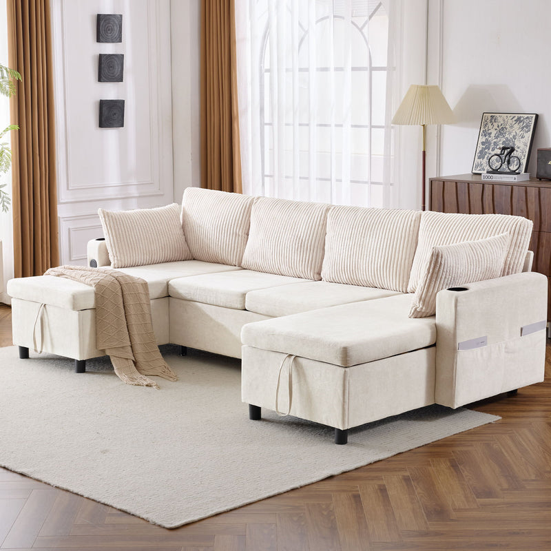 Sectional Sofa Bed With Pull Out Sleeper, USB Ports, Cup Holders