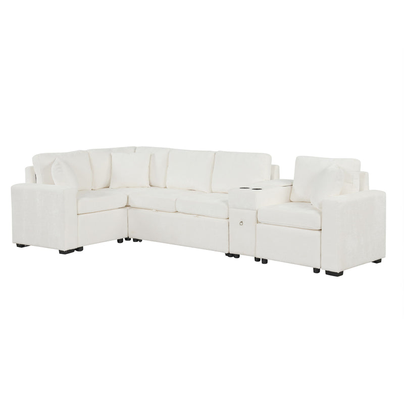 Contemporary L Shaped Convertible Sofa Bed With Pull Out Bed, Cup Holders, And Storage