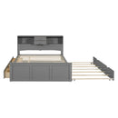 Full Size Wood Pltaform Bed with win Size Trundle, 3 Drawers, Upper Shelves and a set of USB Ports & Sockets, Gray