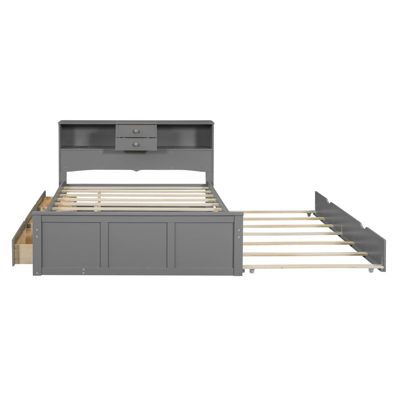 Full Size Wood Pltaform Bed with win Size Trundle, 3 Drawers, Upper Shelves and a set of USB Ports & Sockets, Gray