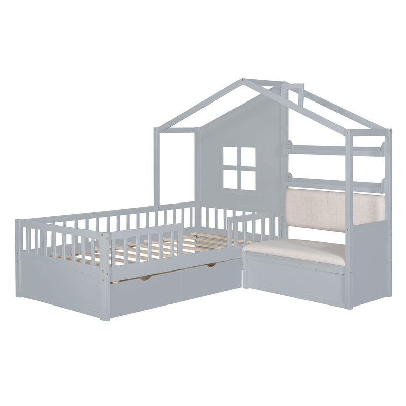 House Bed With Sofa, Kids Platform Bed With 2 Drawers And Storage Shelf