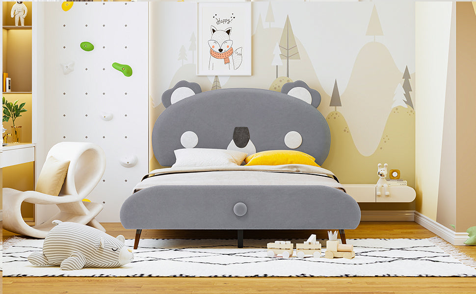 Full Size Upholstered Platform Bed with Koala-Shaped Headboard, Gray - Atlantic Fine Furniture Melbourne FL
