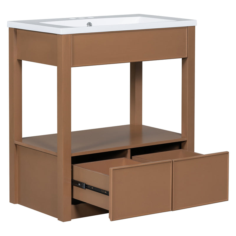 Bathroom Vanity With Sink Top, Bathroom Cabinet With Open Storage Shelf And Two Drawers - Brown