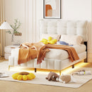 Full Size Velvet Platform Bed with LED Frame and Stylish Mental Bed Legs, Beige