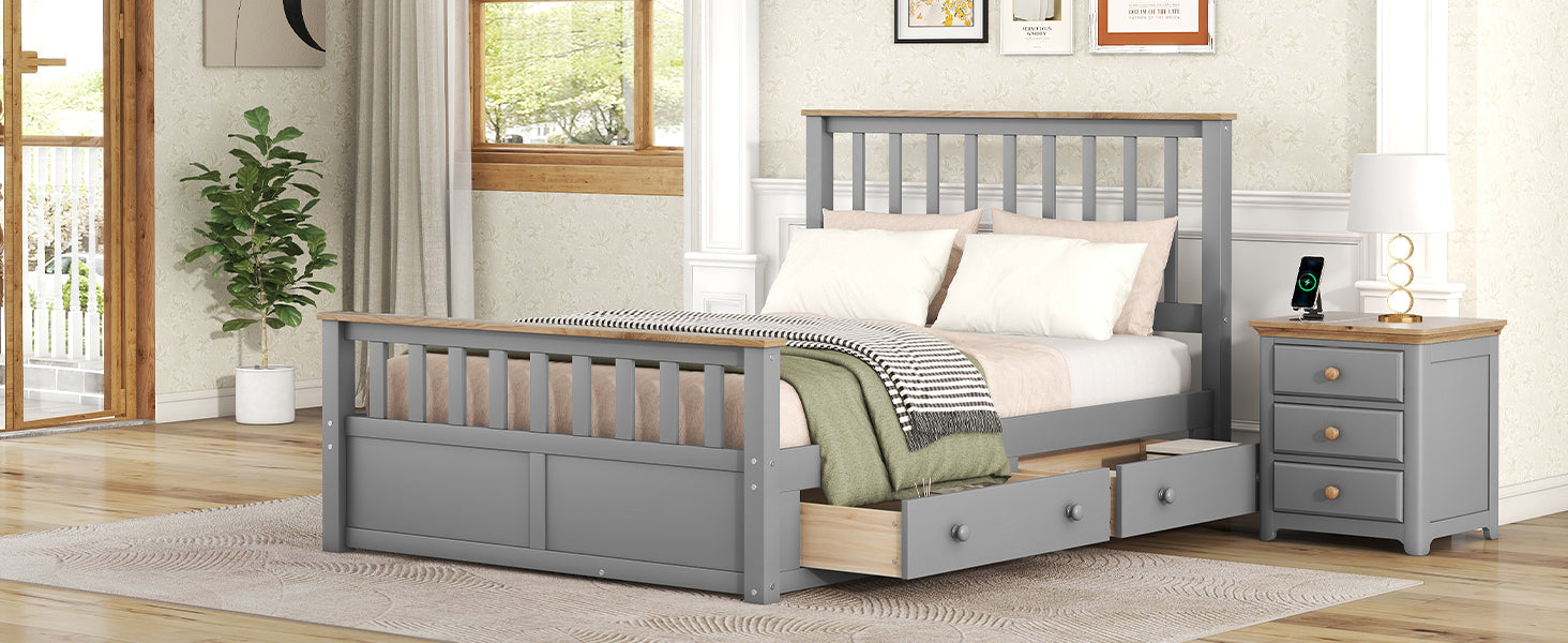 Full Size Wood Platform Bed with Two Drawers and Wooden Slat Support,Gray+Natrual - Atlantic Fine Furniture Melbourne FL