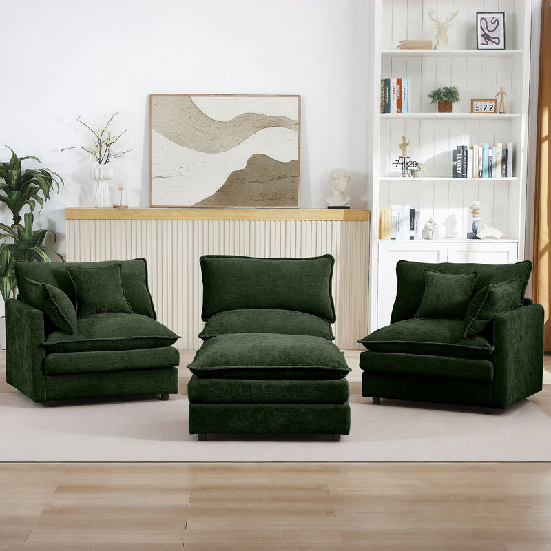 Modular Sectional Sofa 3 Seater L-Shaped Couch Set With Movable Ottoman - Green