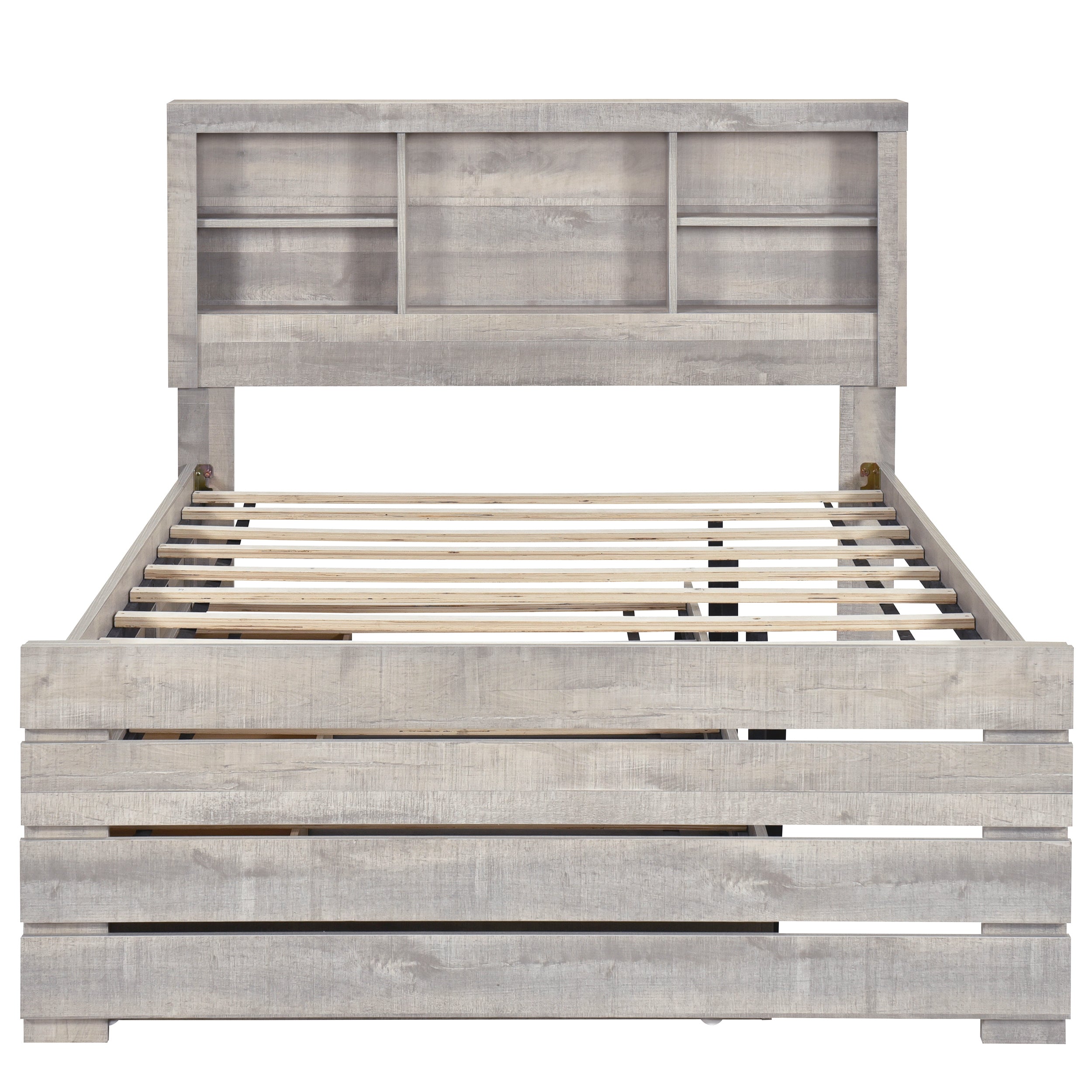 Farmhouse Style Full Size Bookcase Captain Bed with Three Drawers and Trundle, Rustic White - Atlantic Fine Furniture Melbourne FL