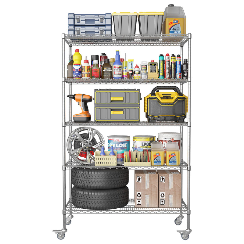 Heavy Duty Adjustable Shelving Unit, 5 Tier Wire Storage Shelves With Wheels - Brushed Nickel