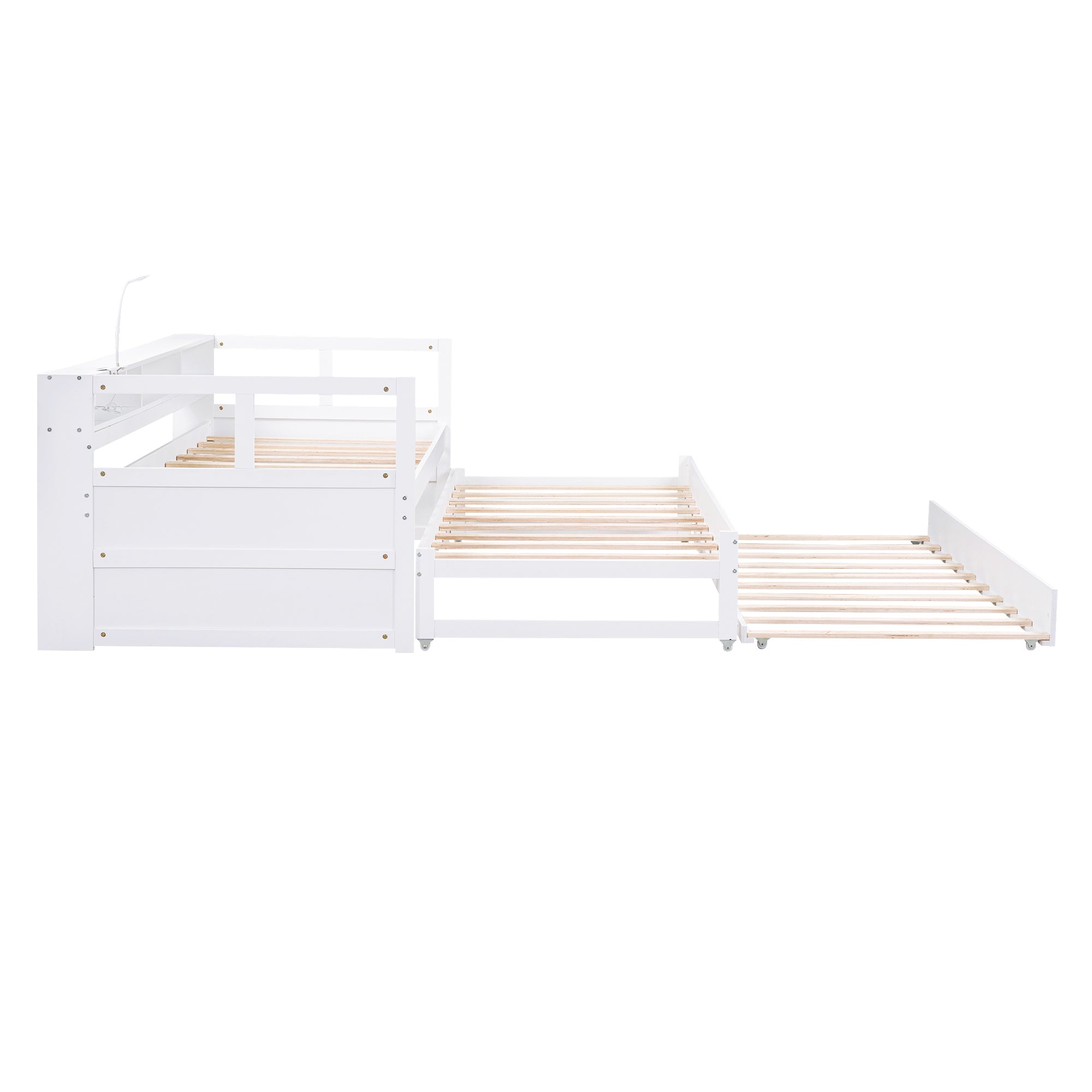 Twin XL Wood Daybed with 2 Trundles, 3 Storage Cubbies, 1 Light for Free and USB Charging Design, White - Atlantic Fine Furniture Melbourne FL