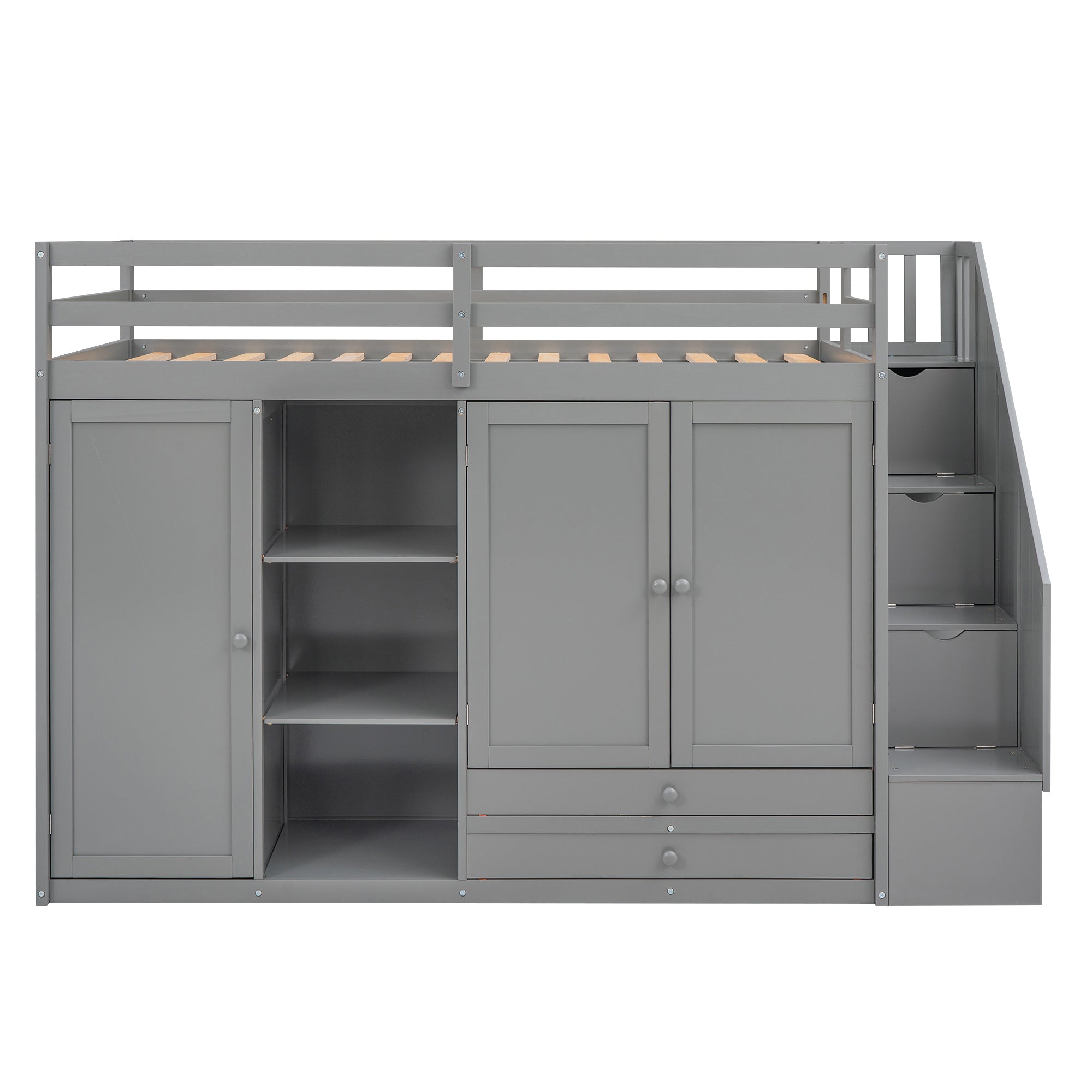 Functional Loft Bed with 3 Shelves, 2 Wardrobes and 2 Drawers,  Ladder with Storage, No Box Spring Needed, Gray - Atlantic Fine Furniture Melbourne FL