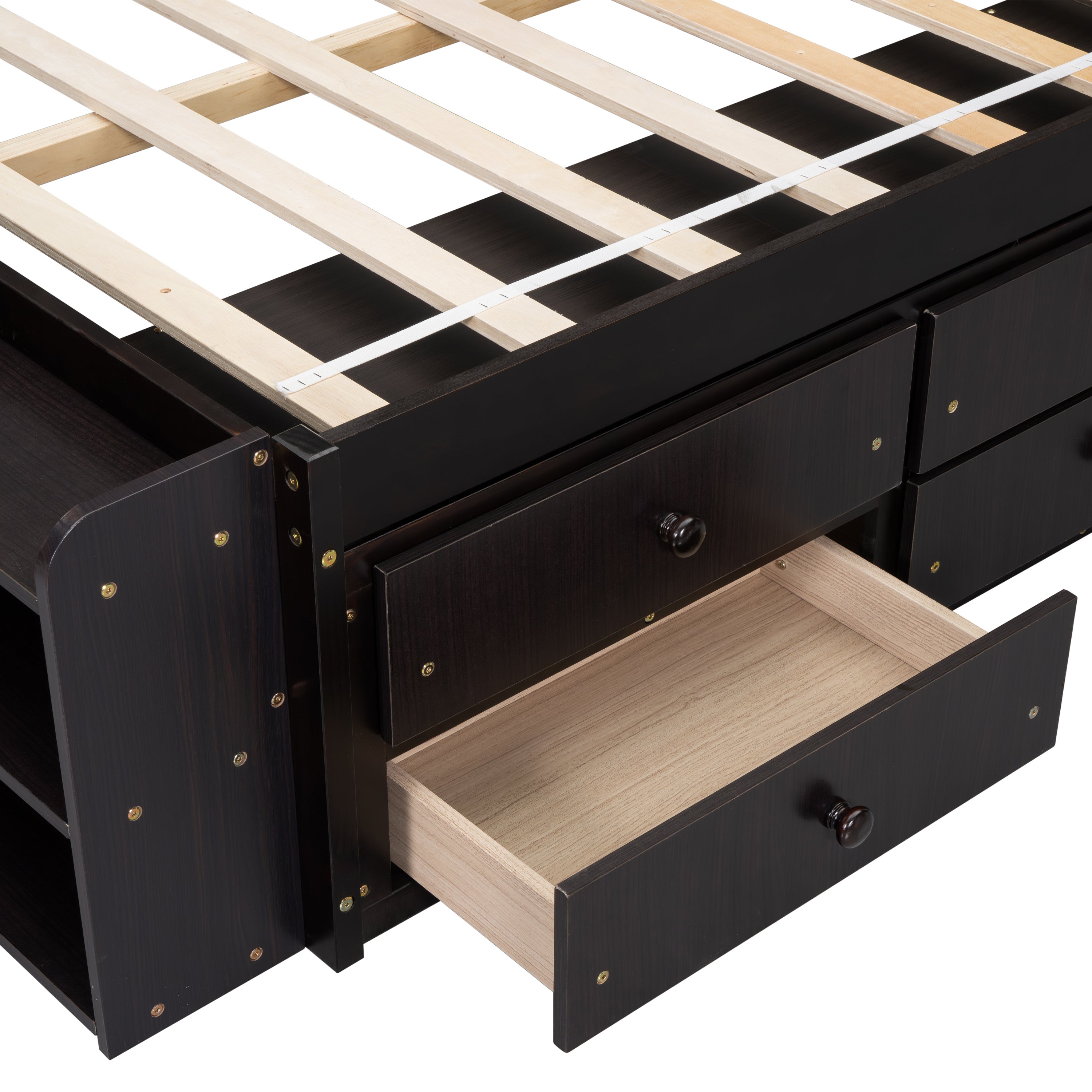 Full Bed with Bookcase Headboard, Under bed Storage Drawers and Bed End Storage Case,Espresso