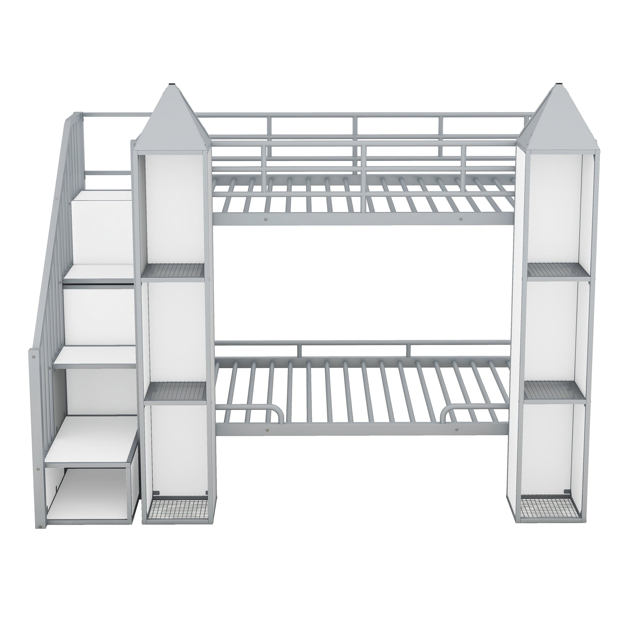 Metal Twin over Twin Castle-shaped Bunk Bed with Wardrobe and Multiple Storage, Gray+White - Atlantic Fine Furniture Melbourne FL