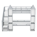 Metal Twin over Twin Castle-shaped Bunk Bed with Wardrobe and Multiple Storage, Gray+White