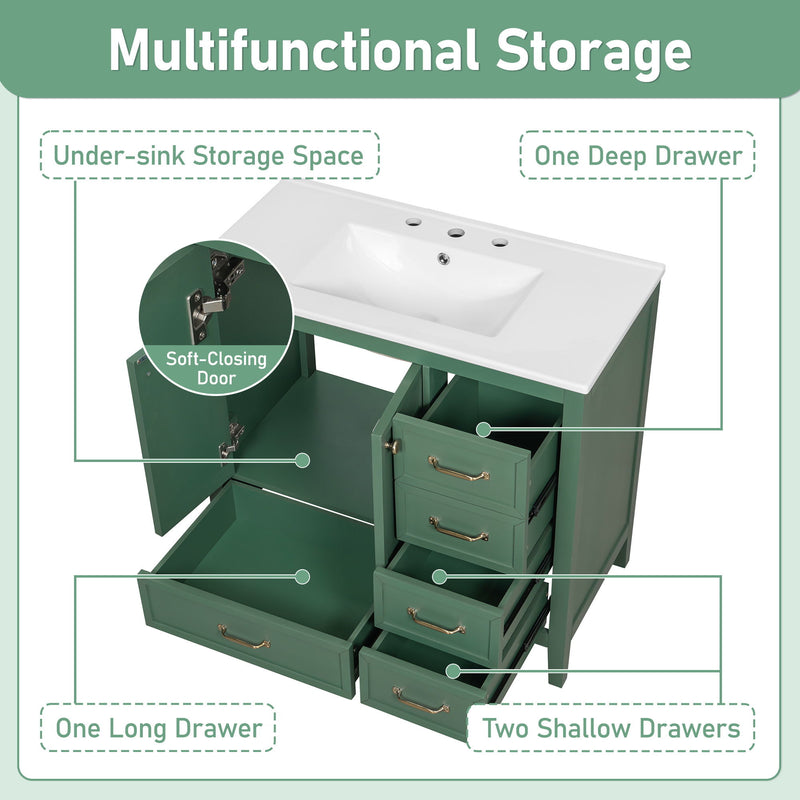 Elegant Vintage Bathroom Vanity With Sink And Soft Closing Door, 4 Drawers Of Different Sizes Frame