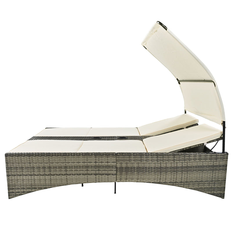 Patio Daybed Outdoor Daybed Sun Lounger With Shelter Roof With Adjustable Backrest, Storage Box And 2 Cup Holders For Patio, Balcony, Poolside