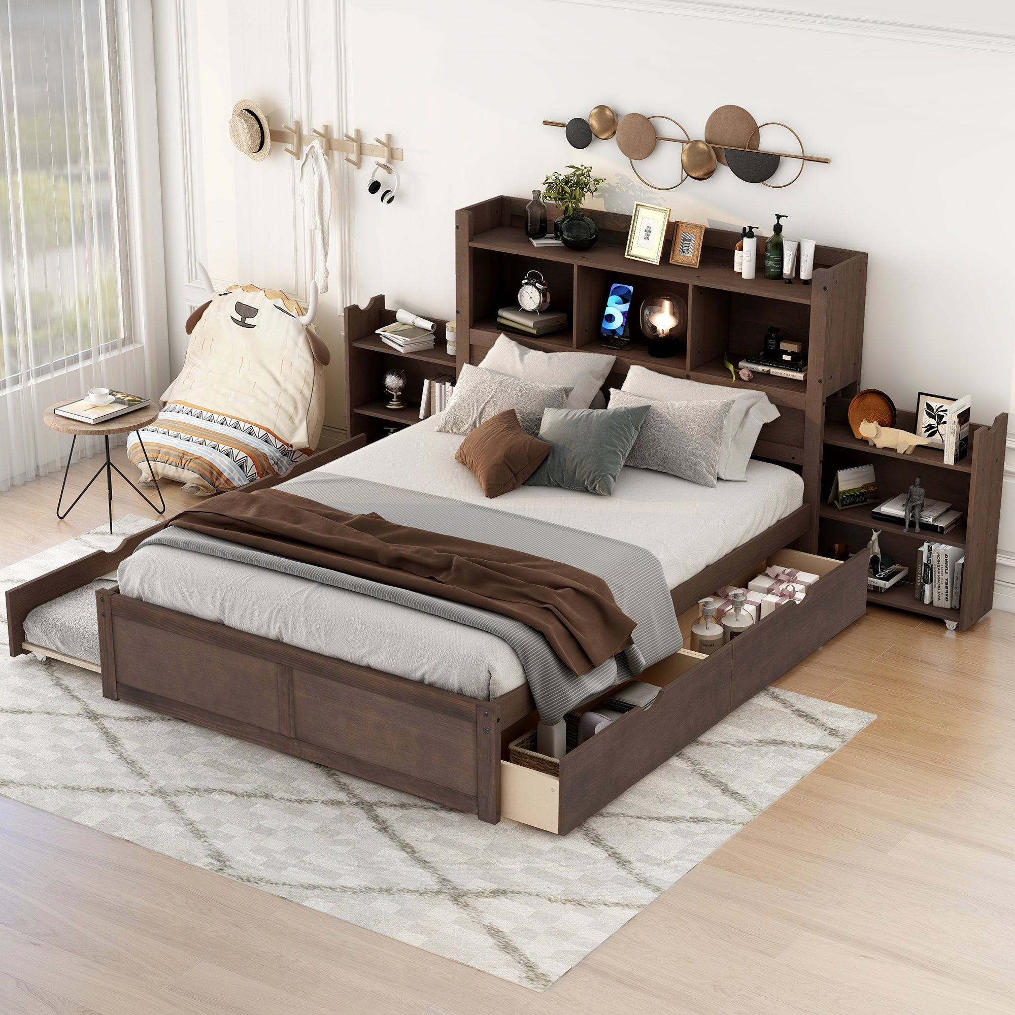Full Size Storage Platform Bed with Pull Out Shelves, Twin Size Trundle and 2 Drawers, Espresso - Atlantic Fine Furniture Melbourne FL
