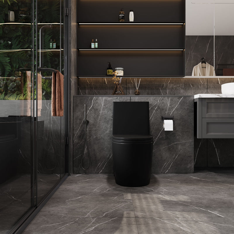 1.1 / 1.60 Gpf Dual Flush 1 Piece Toilet, Water Saving Elongated Comfort Height Floor Mounted, Soft Close Seat, 1000 Gram Map Flushing Score Toilet - Matte Black